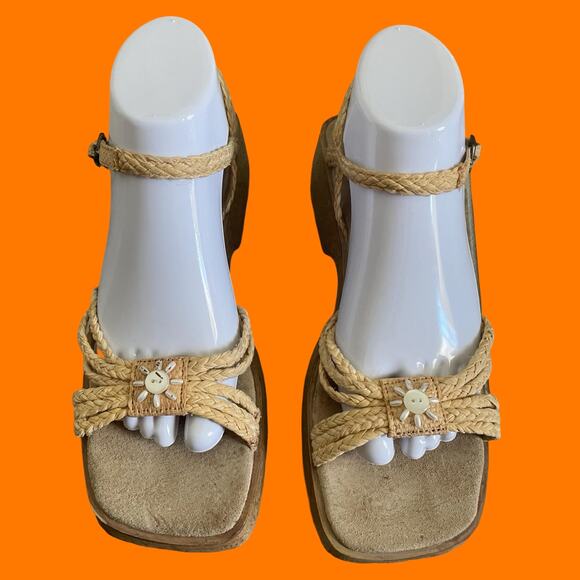 90's 00's vintage raffia braided ankle strap y2k platform sandals US Size 9 - Picture 3 of 8